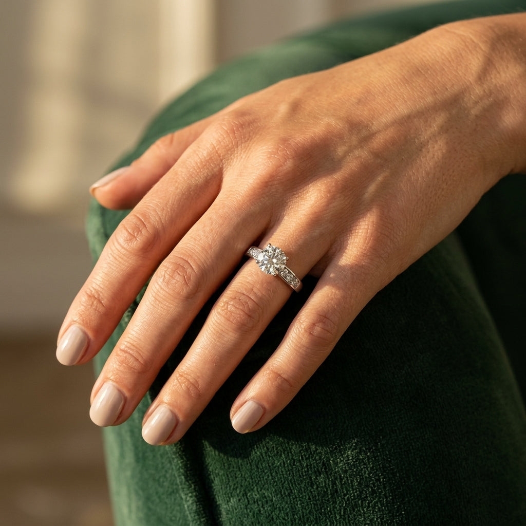 Single Row Channel Set Peg Head Engagement Ring - worn lifestyle photo