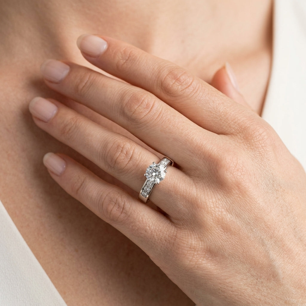 Prong In Channel Single Row Peg Head Engagement Ring - worn lifestyle photo
