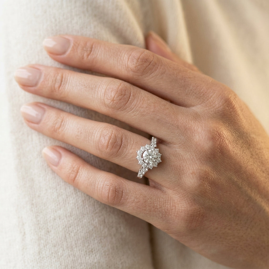 Bypass Halo Peg Head Engagement Ring - worn lifestyle photo