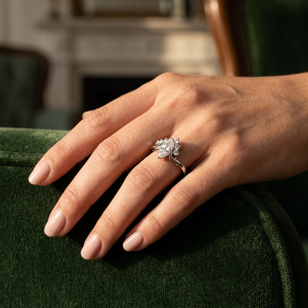 Bypass Peg Head Engagement Ring - worn lifestyle photo