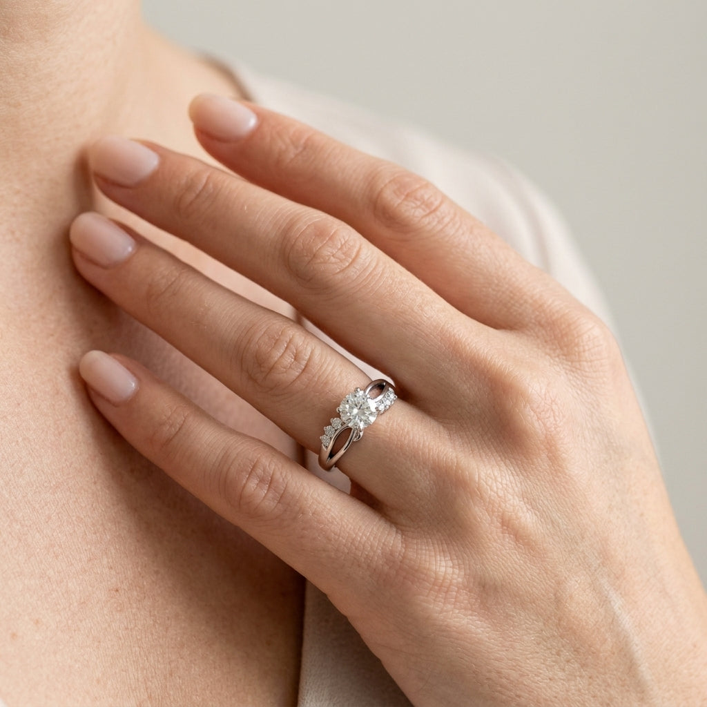 Bypass Peg Head Engagement Ring - worn lifestyle photo