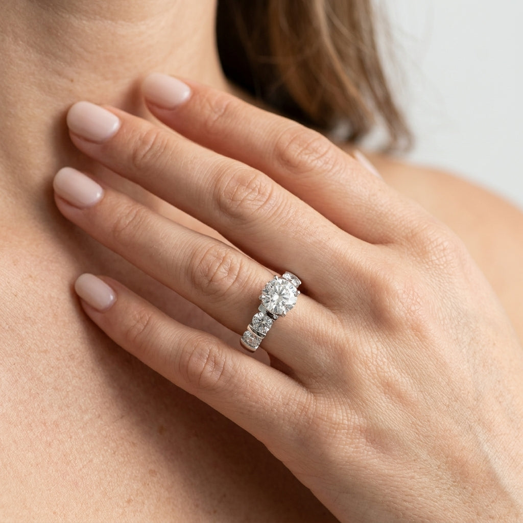 Single Row Bar Set Peg Head Engagement Ring - worn lifestyle photo