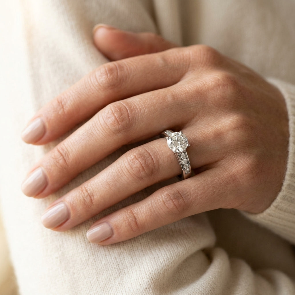 Single Row Prong In Channel Engagement Ring - worn lifestyle photo