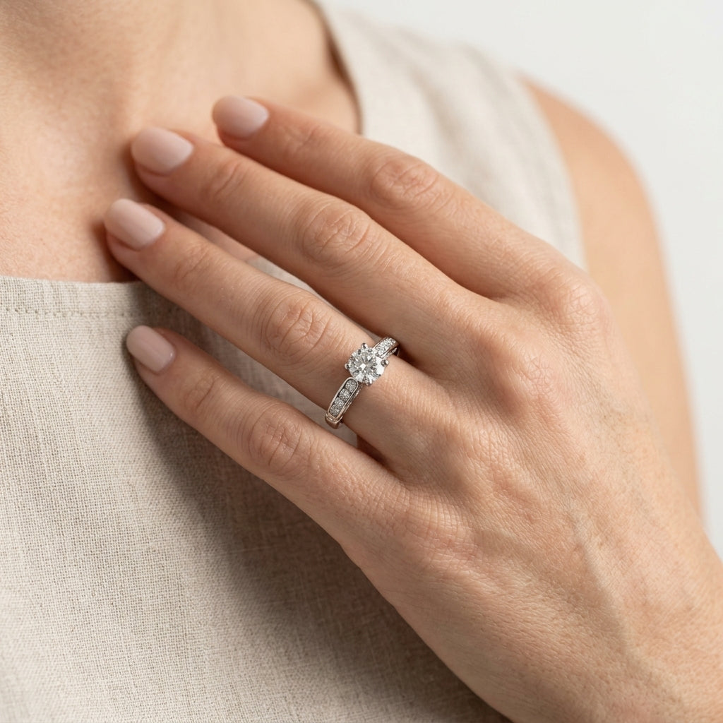 Single Row Channel Set Engagement Ring - worn lifestyle photo