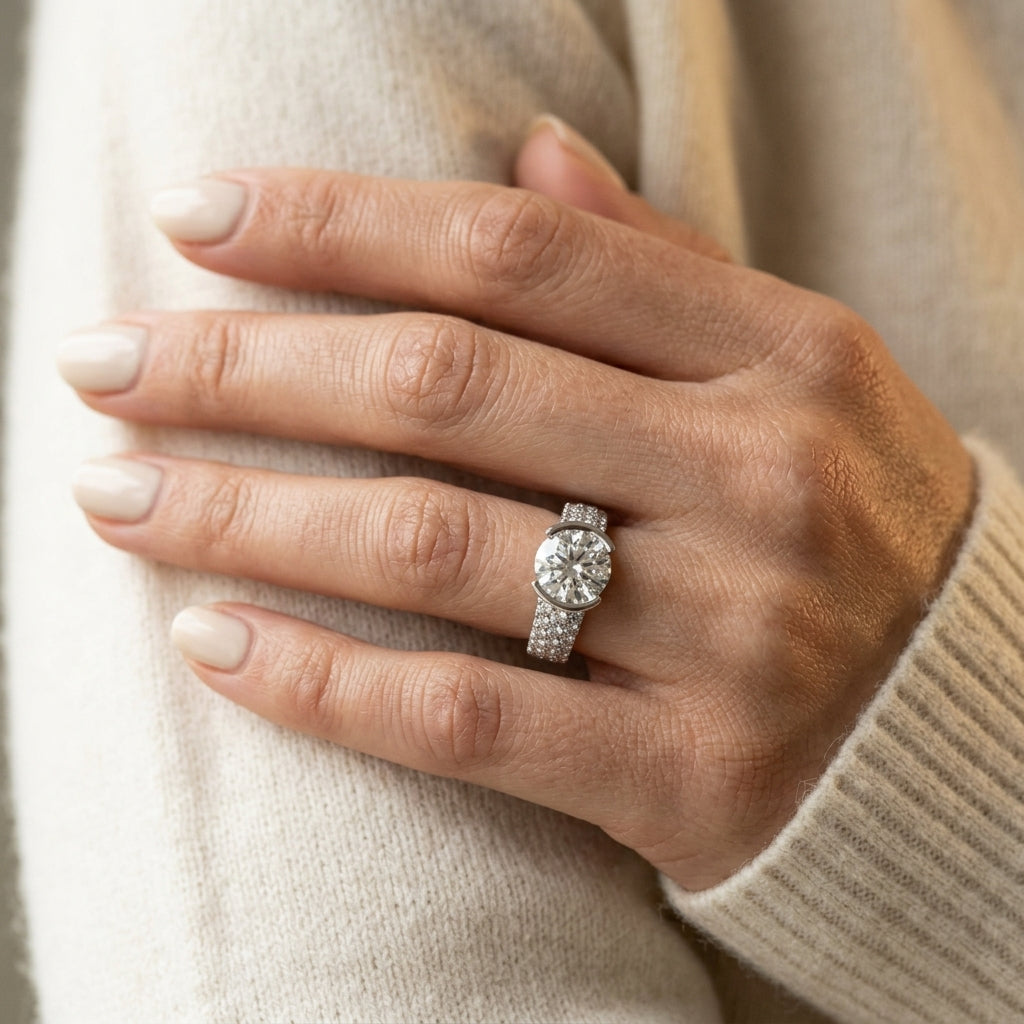 Multirow Pavé Half Bezel Engagement Ring - worn lifestyle photo