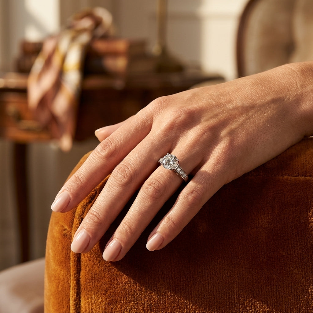 Single Row Prong In Channel Engagement Ring - worn lifestyle photo