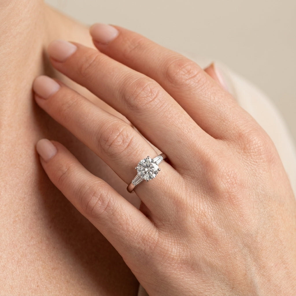 3-Stone Fancy Shape Baguette Engagement Ring - worn lifestyle photo