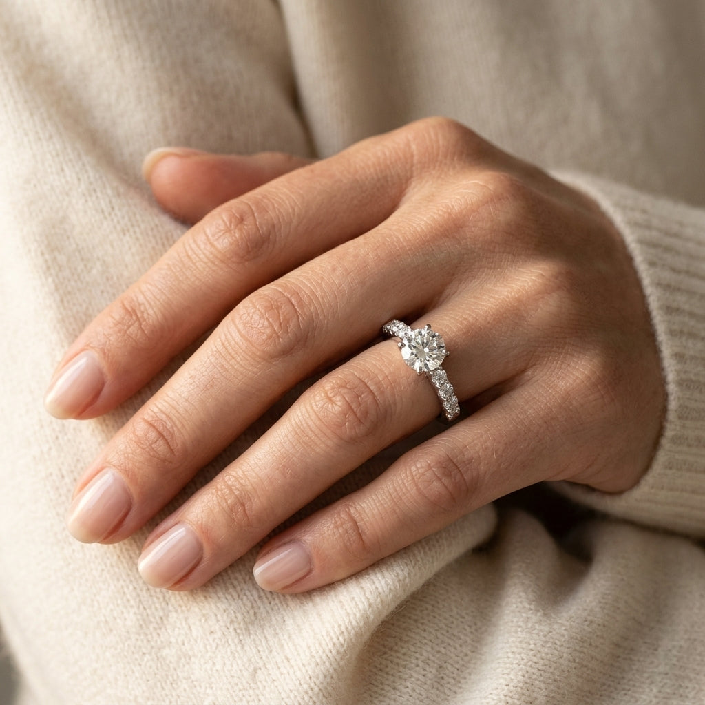 Single Row Shared Prong Engagement Ring - worn lifestyle photo