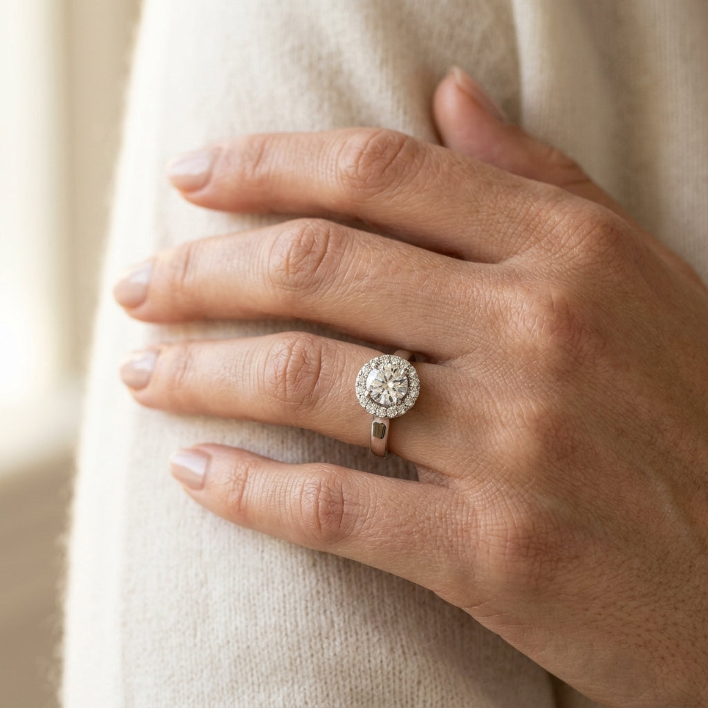 Round Halo Engagement Ring - worn lifestyle photo