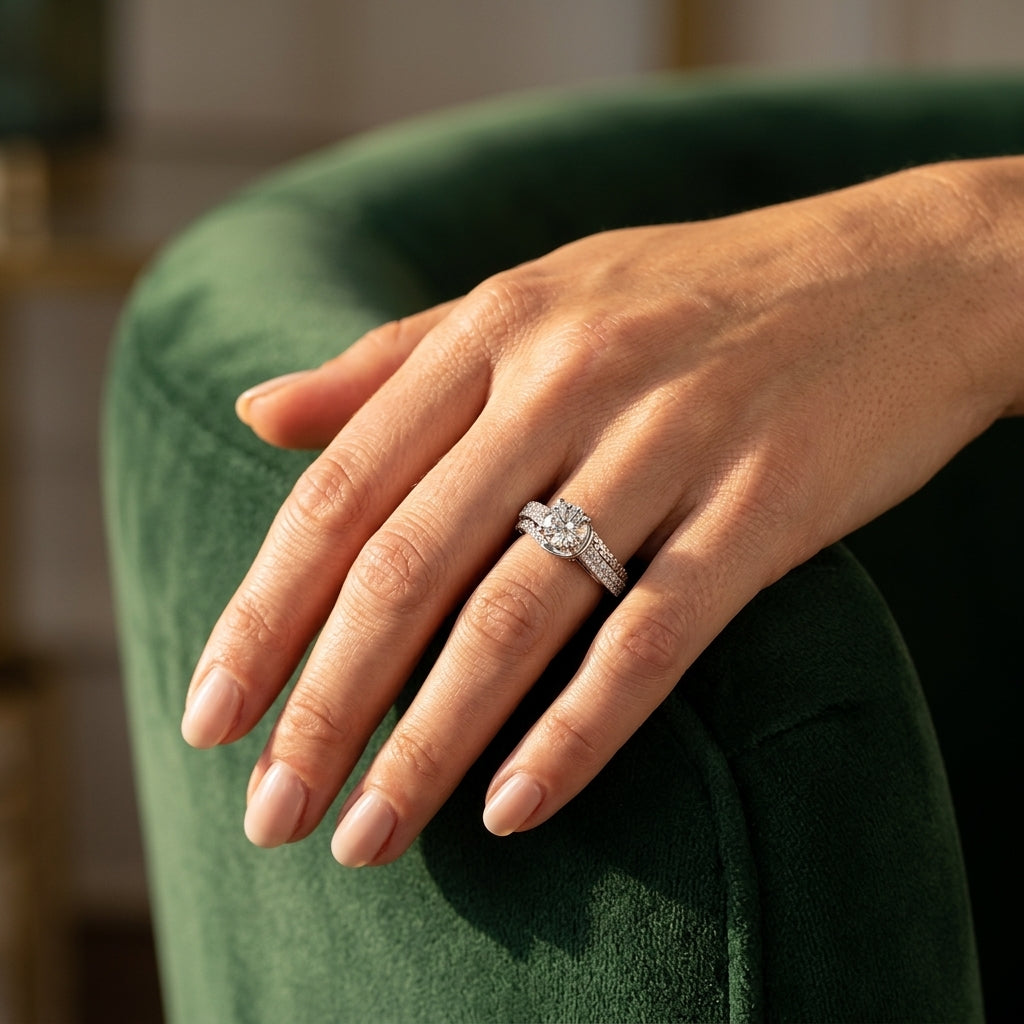 Bypass Multirow Pavé Engagement Ring - worn lifestyle photo