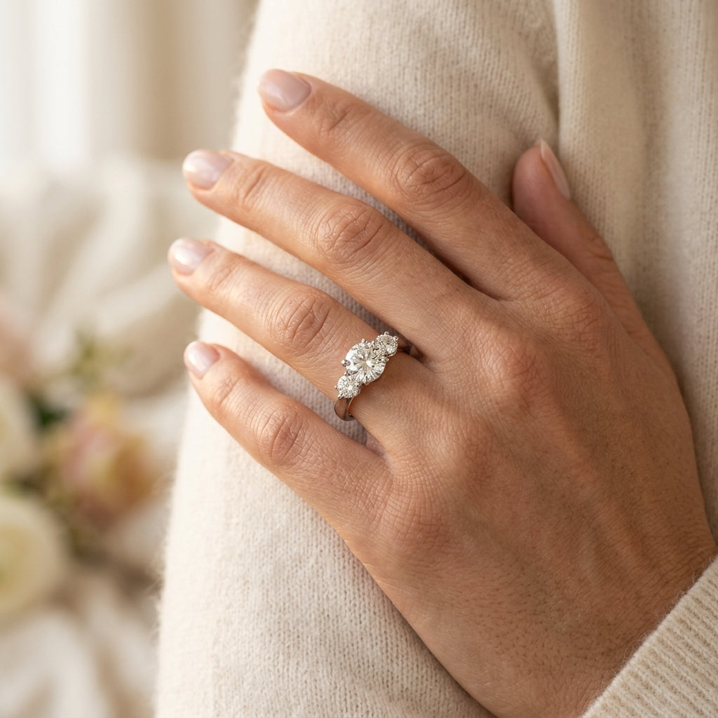 3-Stone Round Engagement Ring - worn lifestyle photo