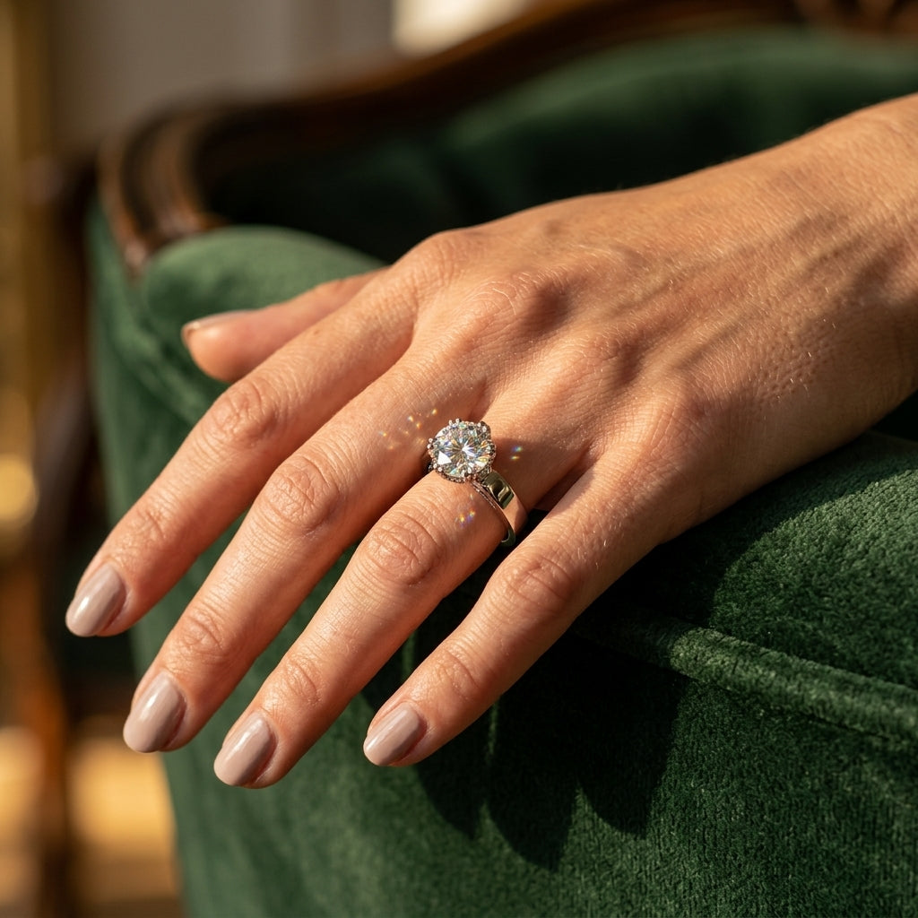 Solitaire Double Prong Engagement Ring - worn lifestyle photo