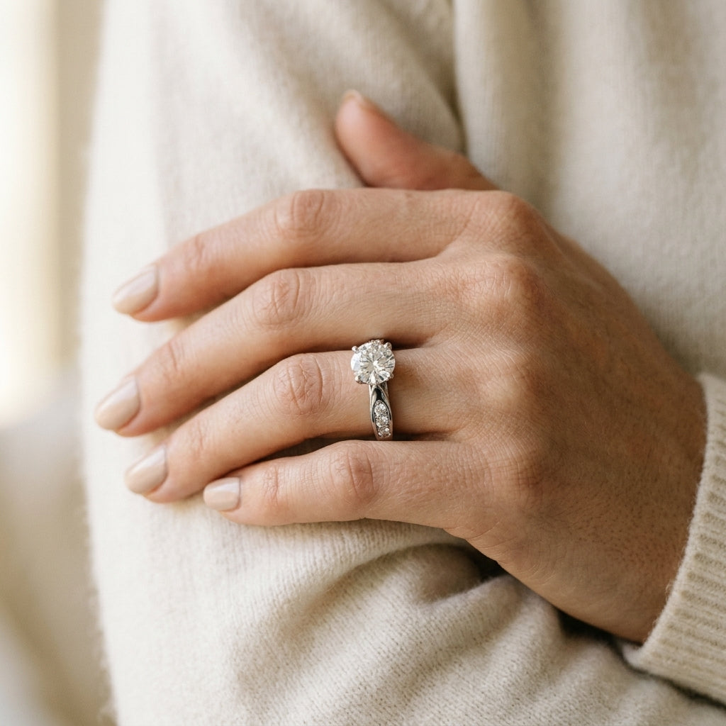 Single Row Prong Engagement Ring - worn lifestyle photo