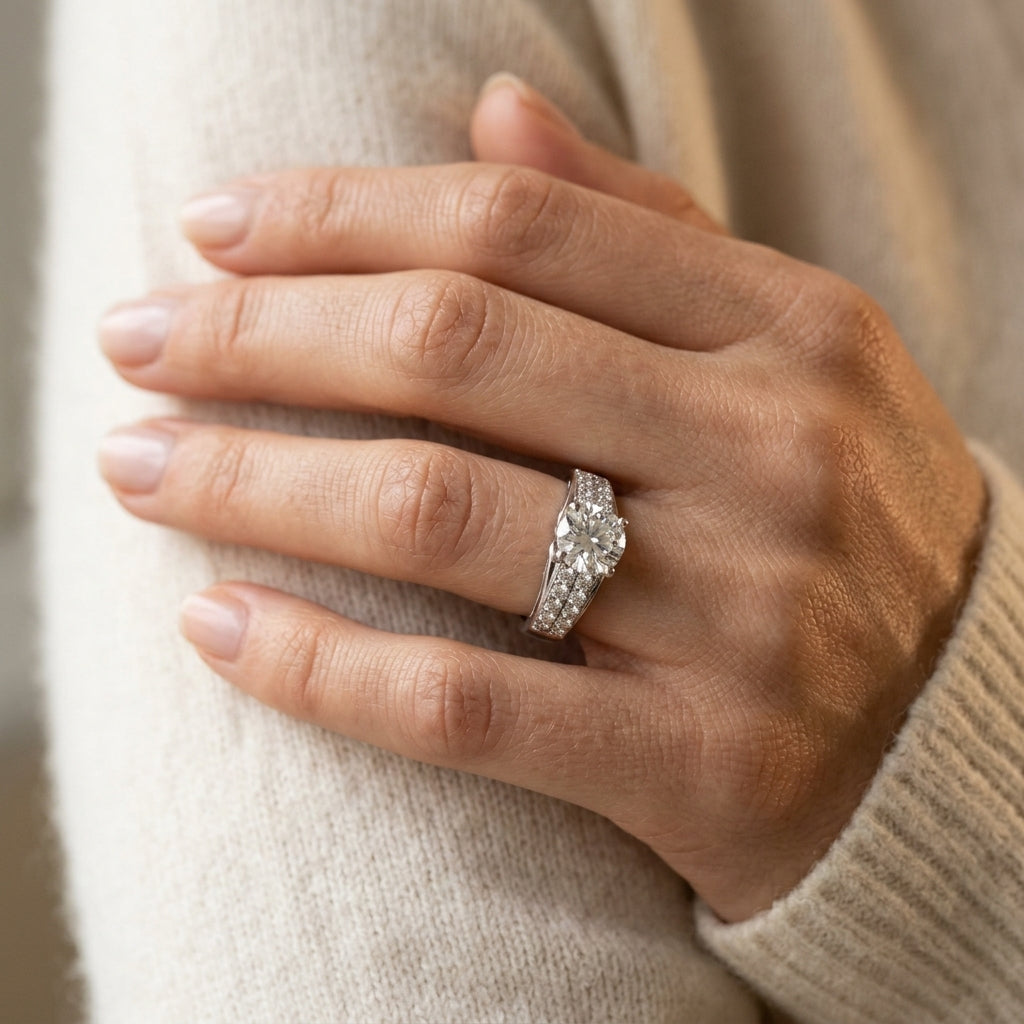 Multirow Prong Engagement Ring - worn lifestyle photo