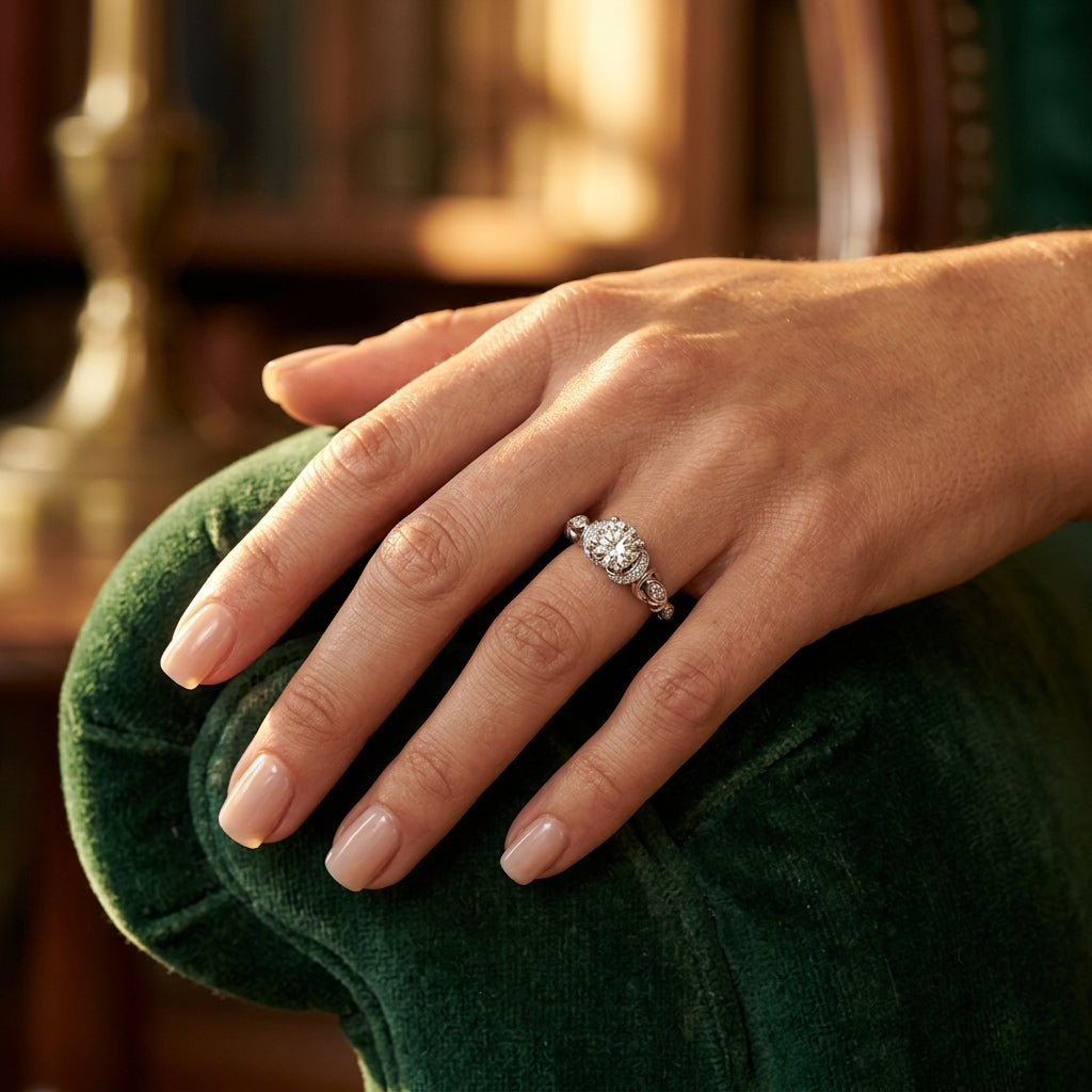 Antique Scalloped Halo Engagement Ring - worn lifestyle photo
