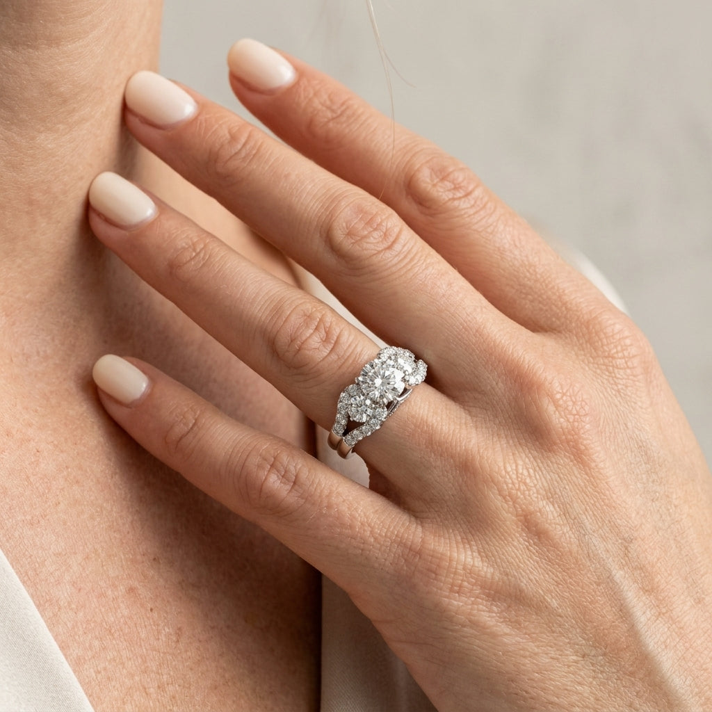3-Stone Split Shank Hidden Halo Engagement Ring - worn lifestyle photo