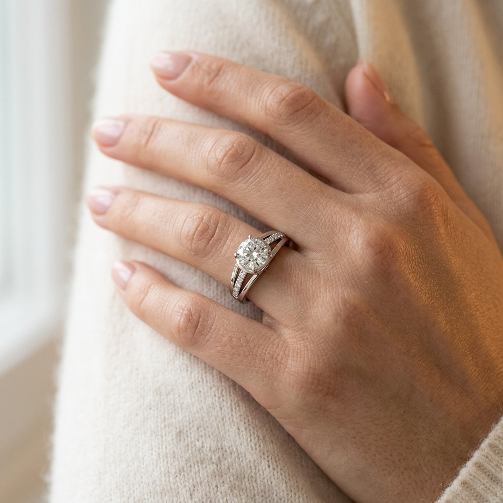 Single Row Prong Engagement Ring - worn lifestyle photo