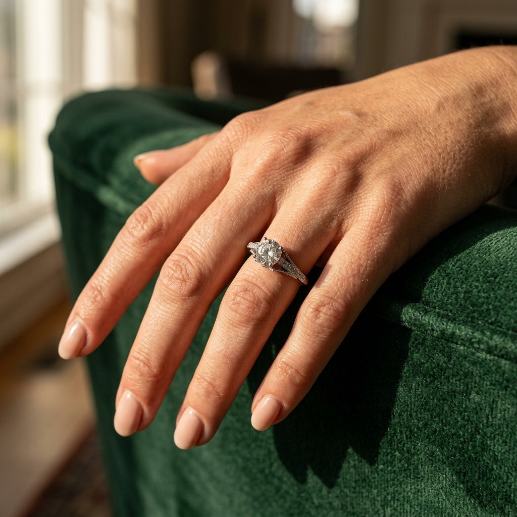 Classic Solitaire Accented Milgrain Engagement Ring - worn lifestyle photo