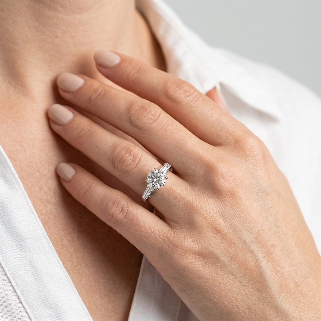 3-Stone Baguette & Round Engagement Ring - worn lifestyle photo