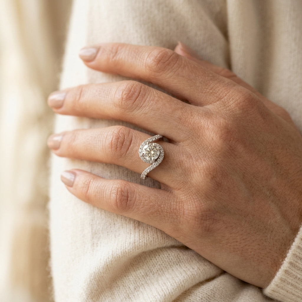 Bypass Prong Set Halo Engagement Ring - worn lifestyle photo
