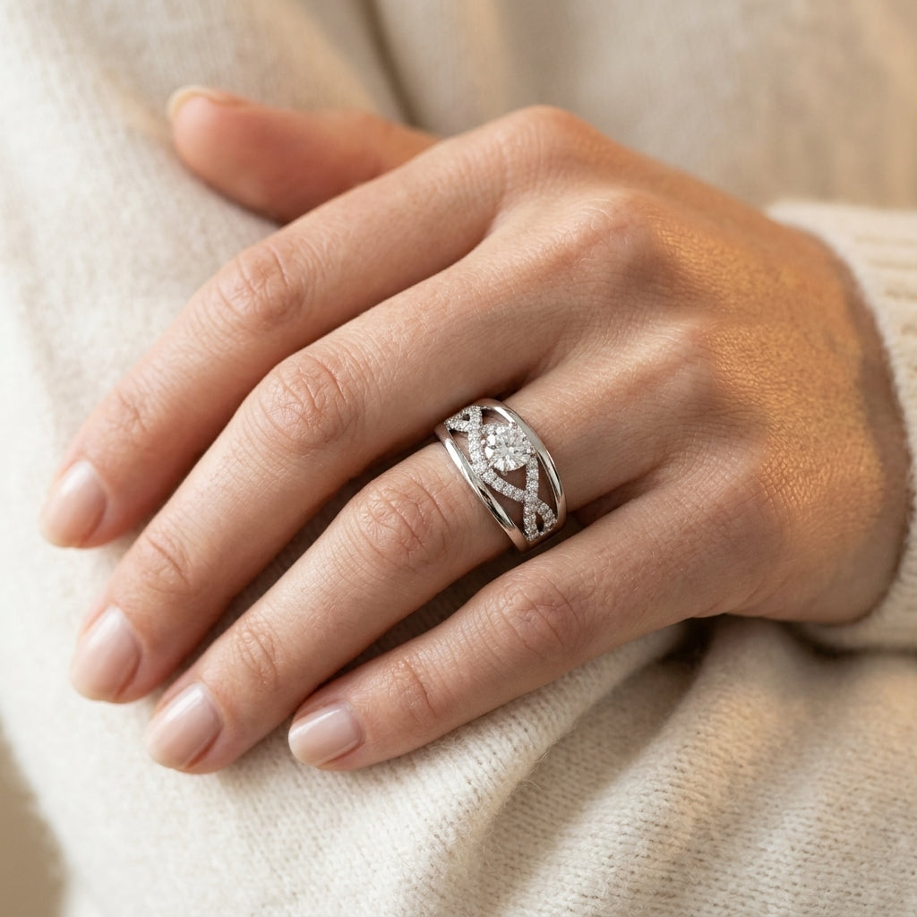 Infinity Twisted Shank Engagement Ring - worn lifestyle photo