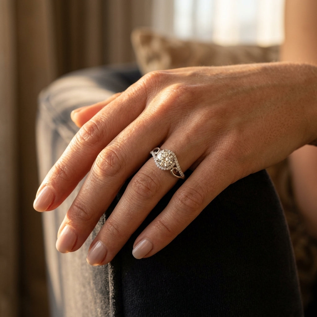 Swirl Halo Engagement Ring - worn lifestyle photo