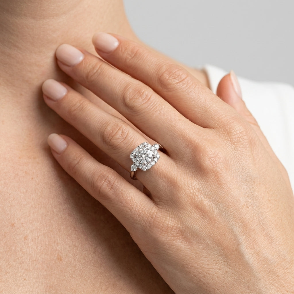 Round Halo Cluster Engagement Ring - worn lifestyle photo
