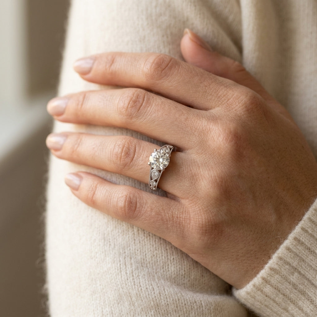 Single Row Prong Milgrain Engagement Ring - worn lifestyle photo