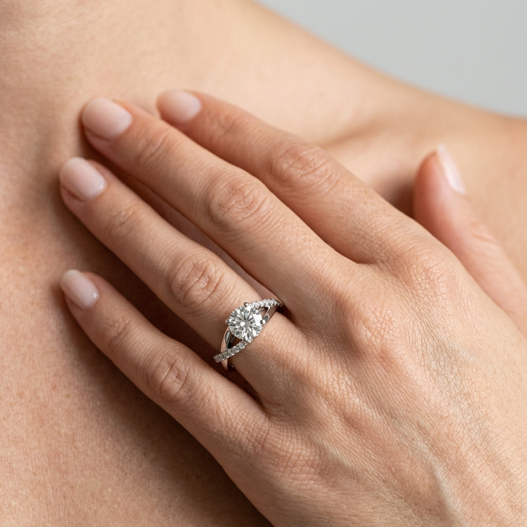 Double Row Split Shank Cathedral Engagement Ring - worn lifestyle photo