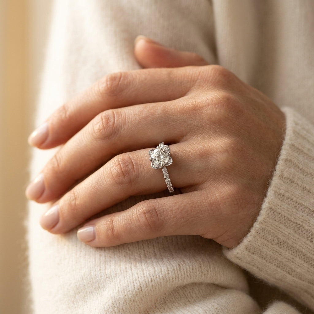 Vintage Floral Shape U-Prong Halo Engagement Ring - worn lifestyle photo