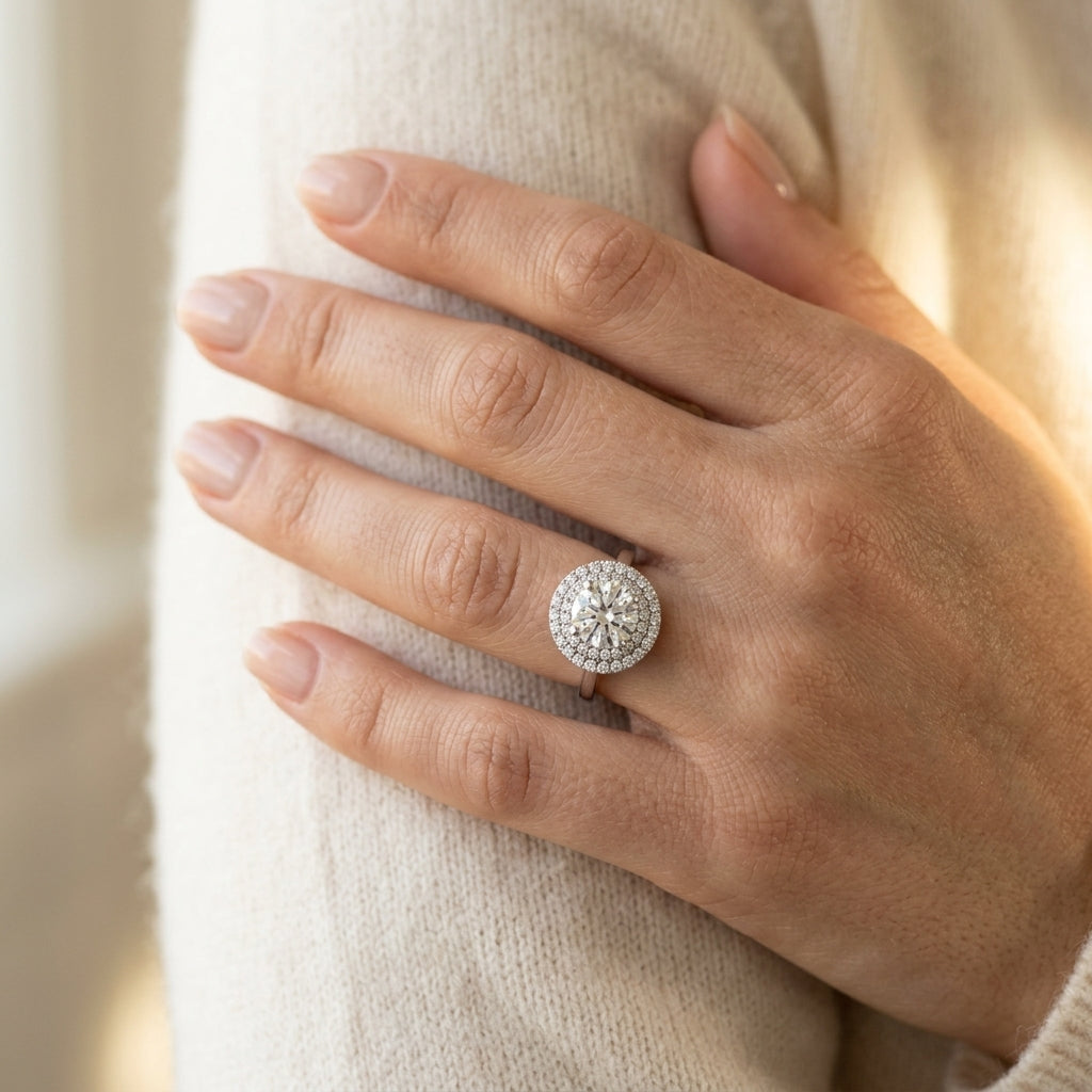 Round Double Halo Engagement Ring - worn lifestyle photo