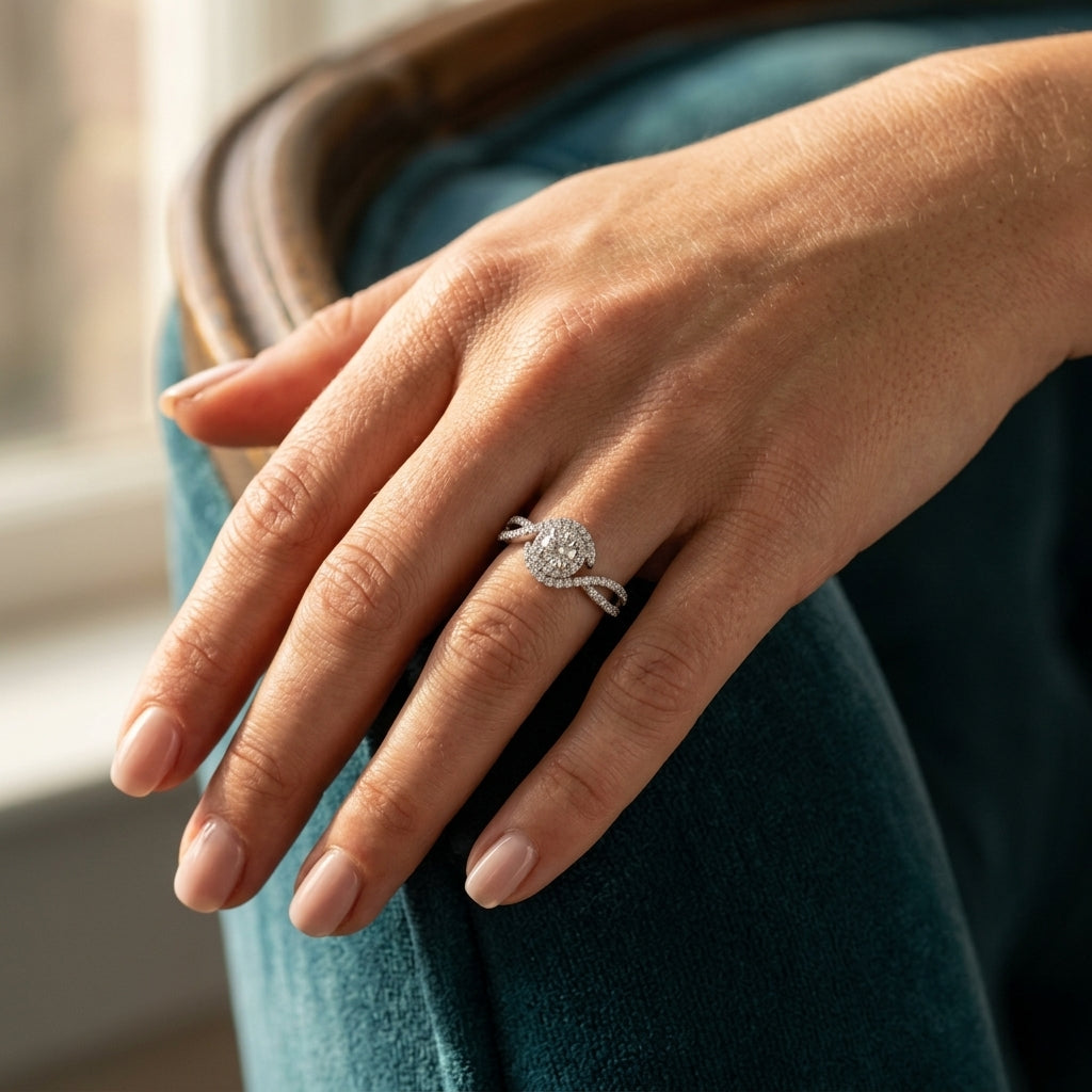 Bypass Twisted Shank Halo Engagement Ring - worn lifestyle photo
