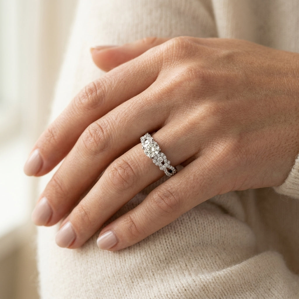 Infinity Split Shank Cluster Sides Engagement Ring - worn lifestyle photo