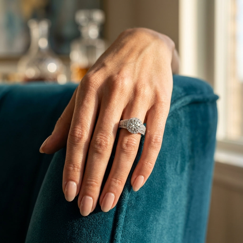 Multirow Pavé Round Halo Engagement Ring - worn lifestyle photo
