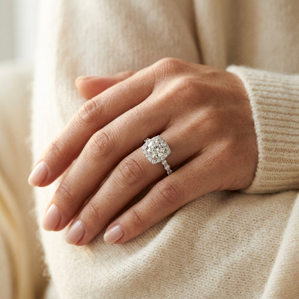 Scalloped Shape Round Halo Engagement Ring - worn lifestyle photo