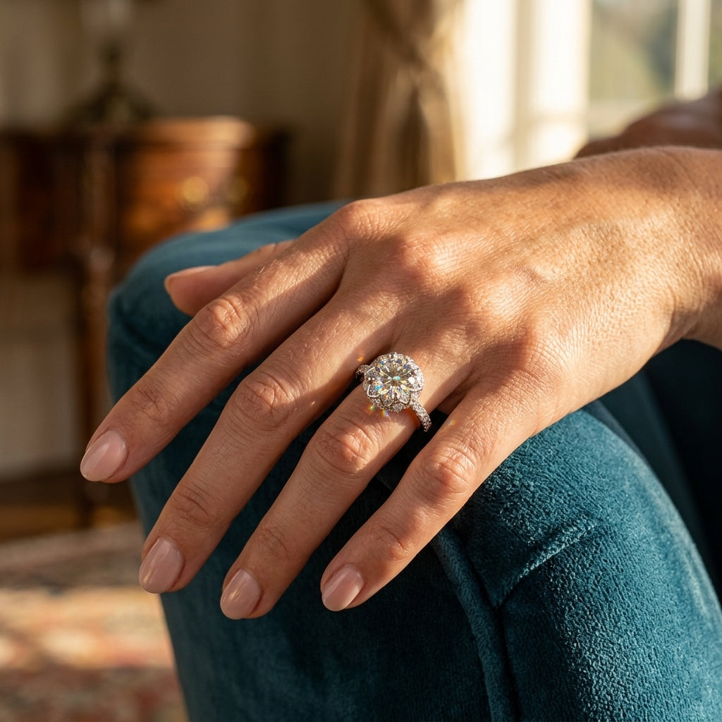 Vintage Single Row Halo Engagement Ring - worn lifestyle photo