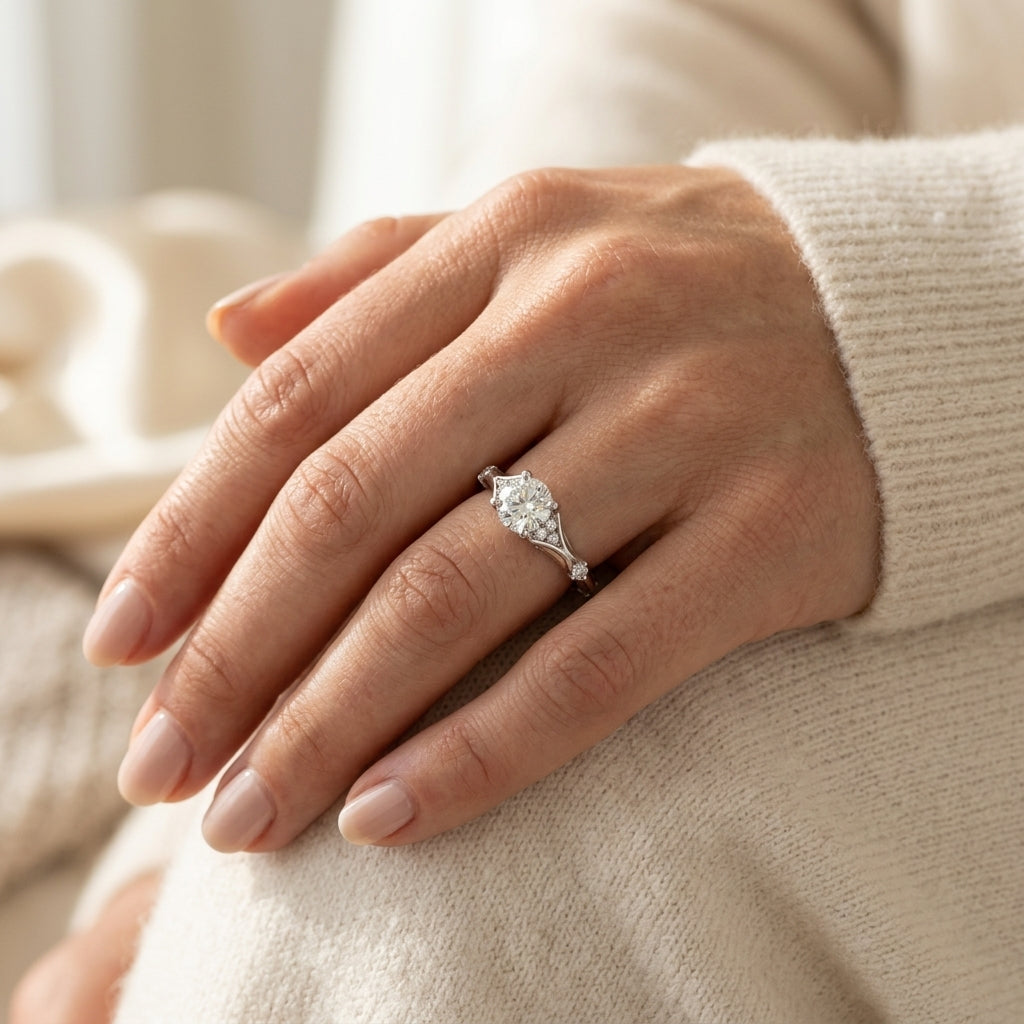 Vintage Hidden Halo Cluster Sides Engagement Ring - worn lifestyle photo