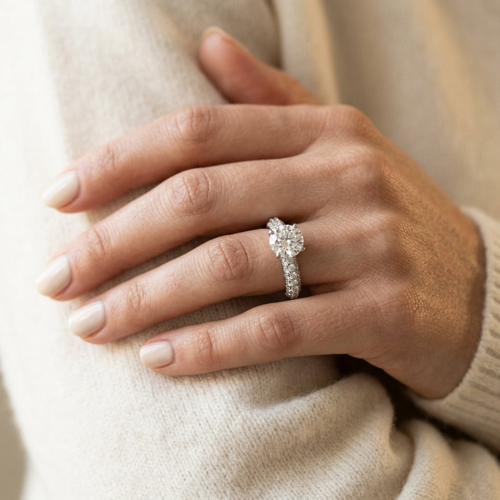 Multirow Pavé Engagement Ring - worn lifestyle photo