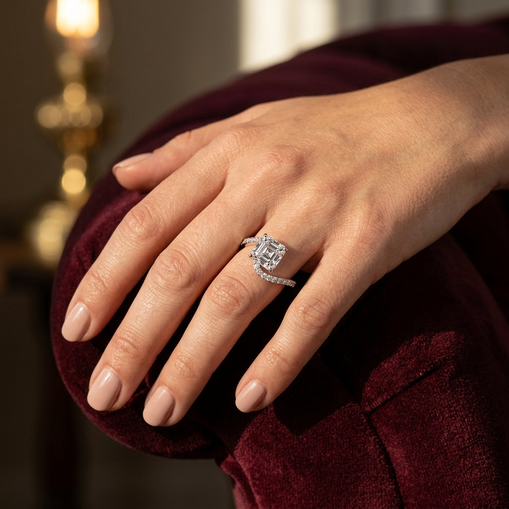 Solitaire Plus Single Row Curved Engagement Ring - worn lifestyle photo