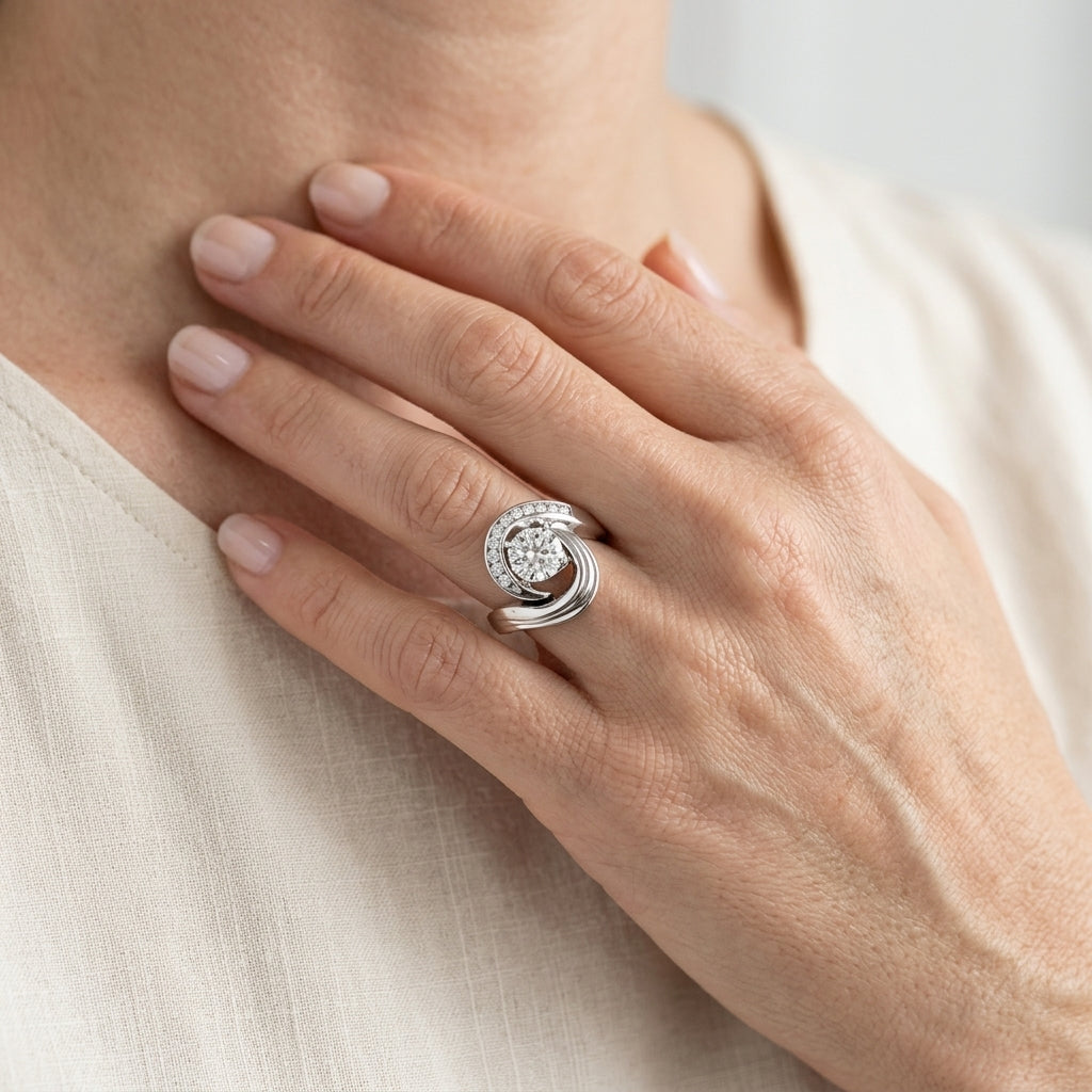 Channel Set Swirl Solitaire Engagement Ring - worn lifestyle photo
