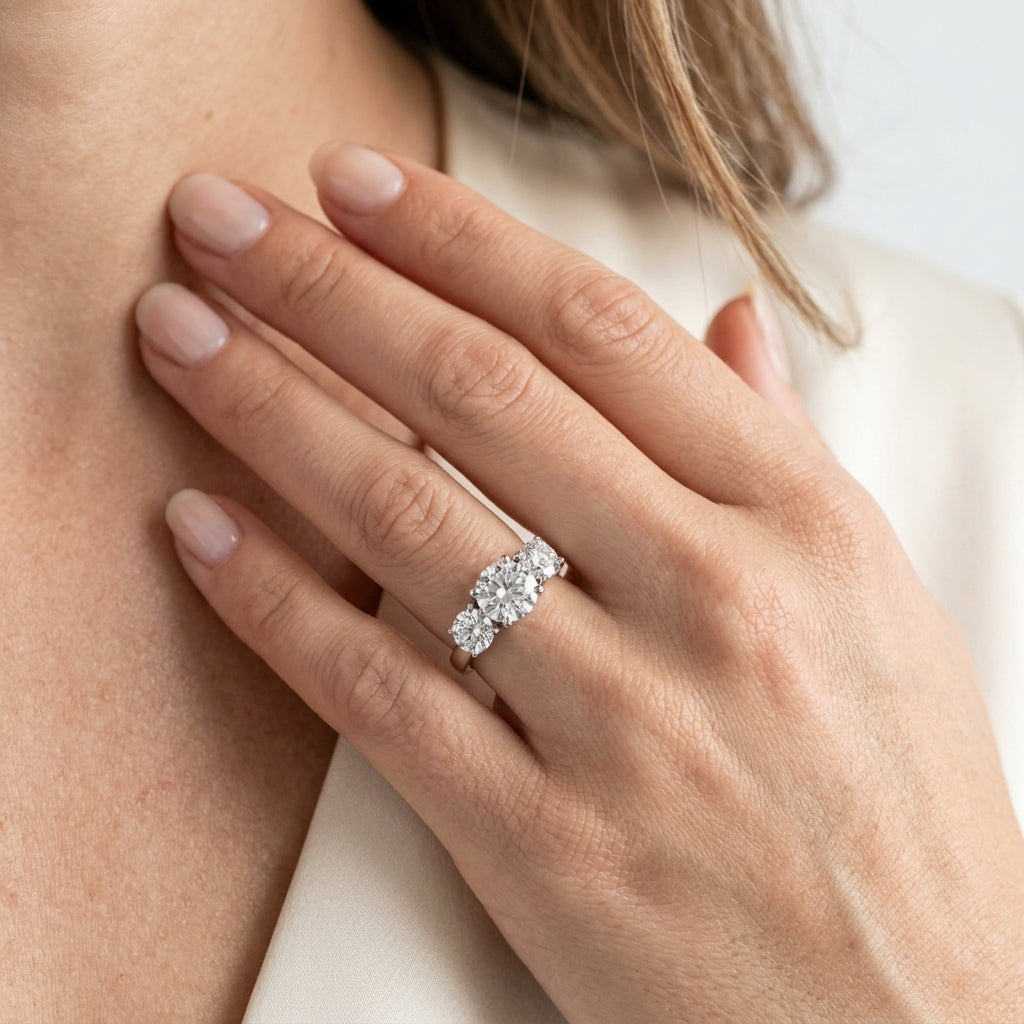 3-Stone Round Engagement Ring - worn lifestyle photo