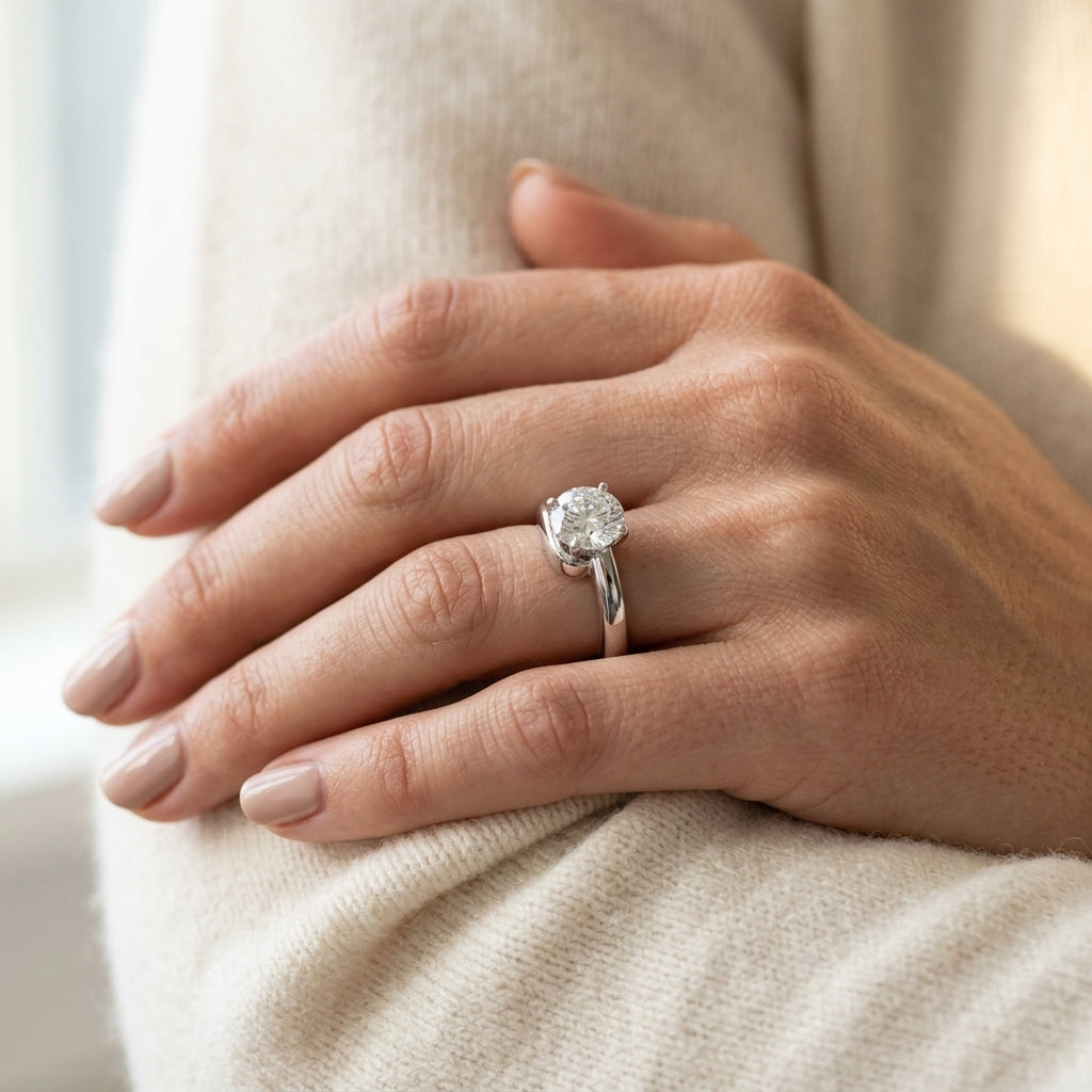 Bypass Solitaire Engagement Ring - worn lifestyle photo