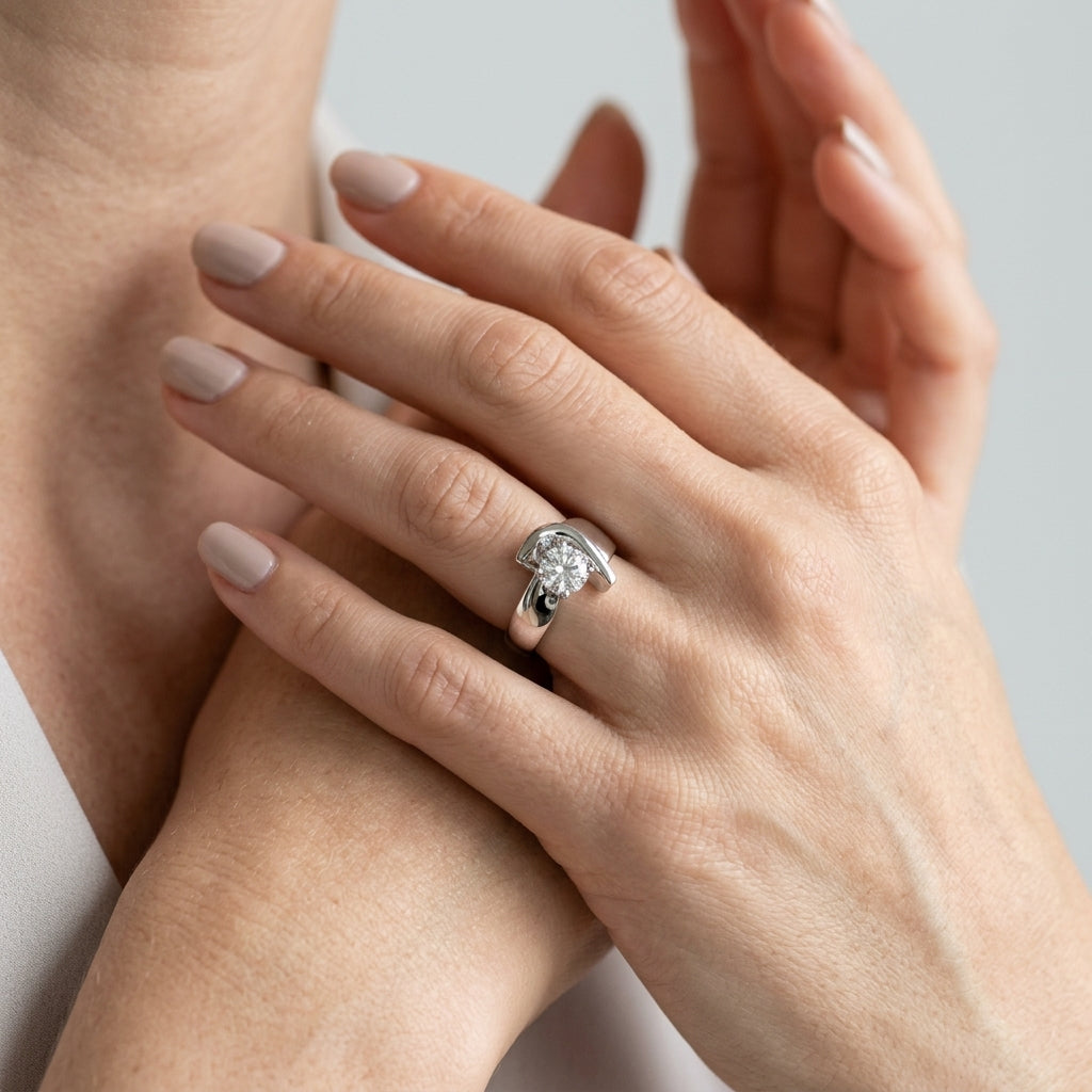 Bypass Solitaire Engagement Ring - worn lifestyle photo