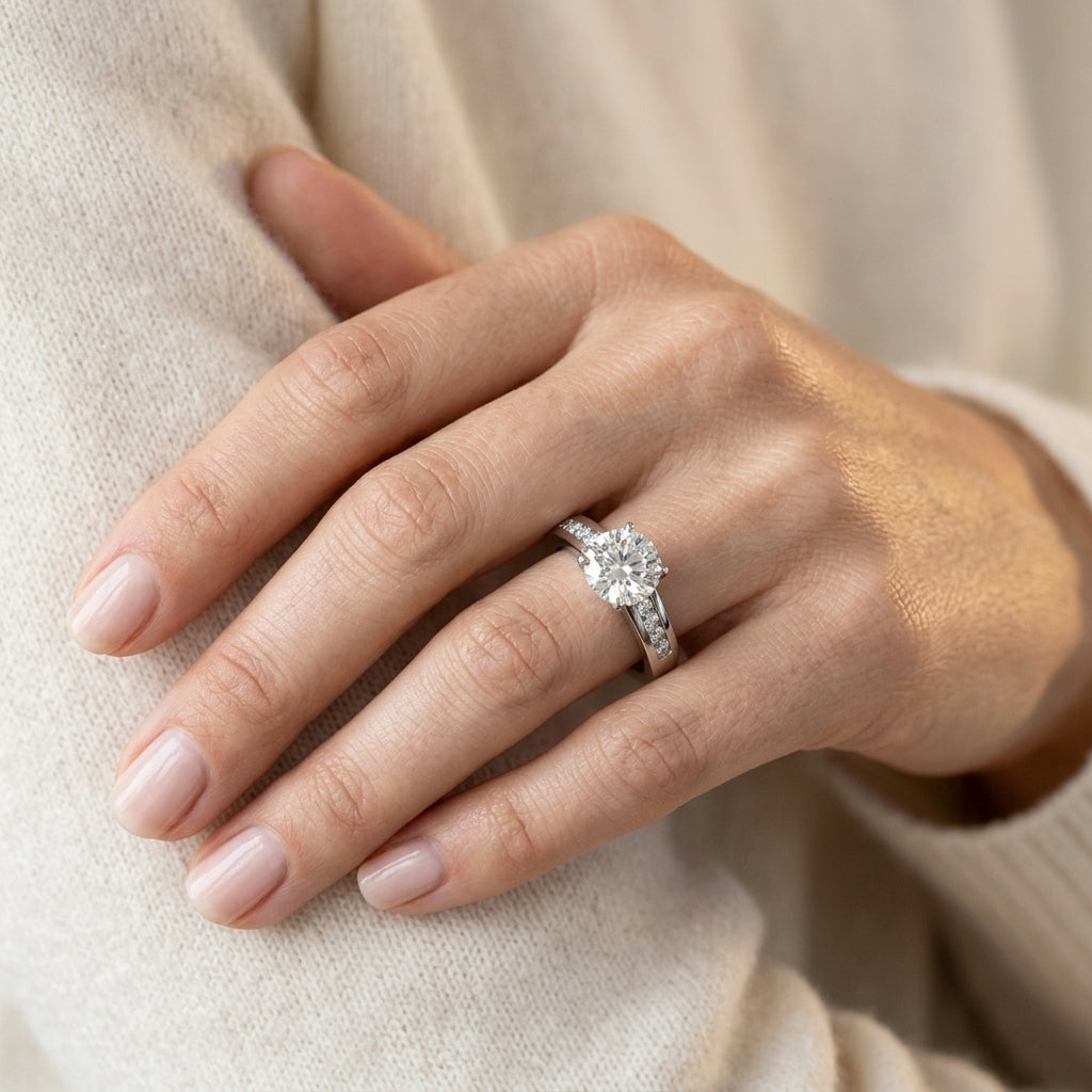 Single Row Channel Set Solitaire Engagement Ring - worn lifestyle photo