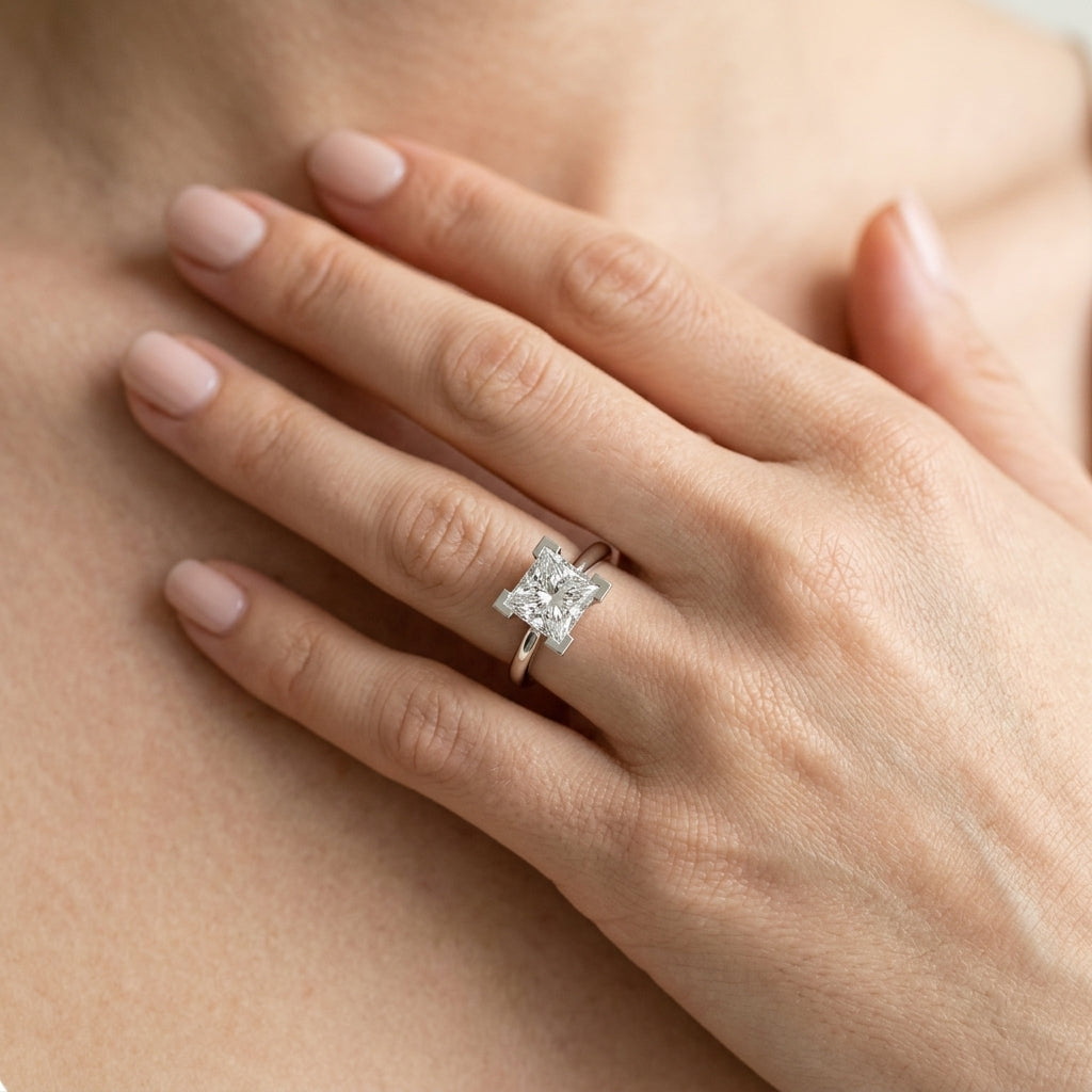 Solitaire Princess Engagement Ring - worn lifestyle photo