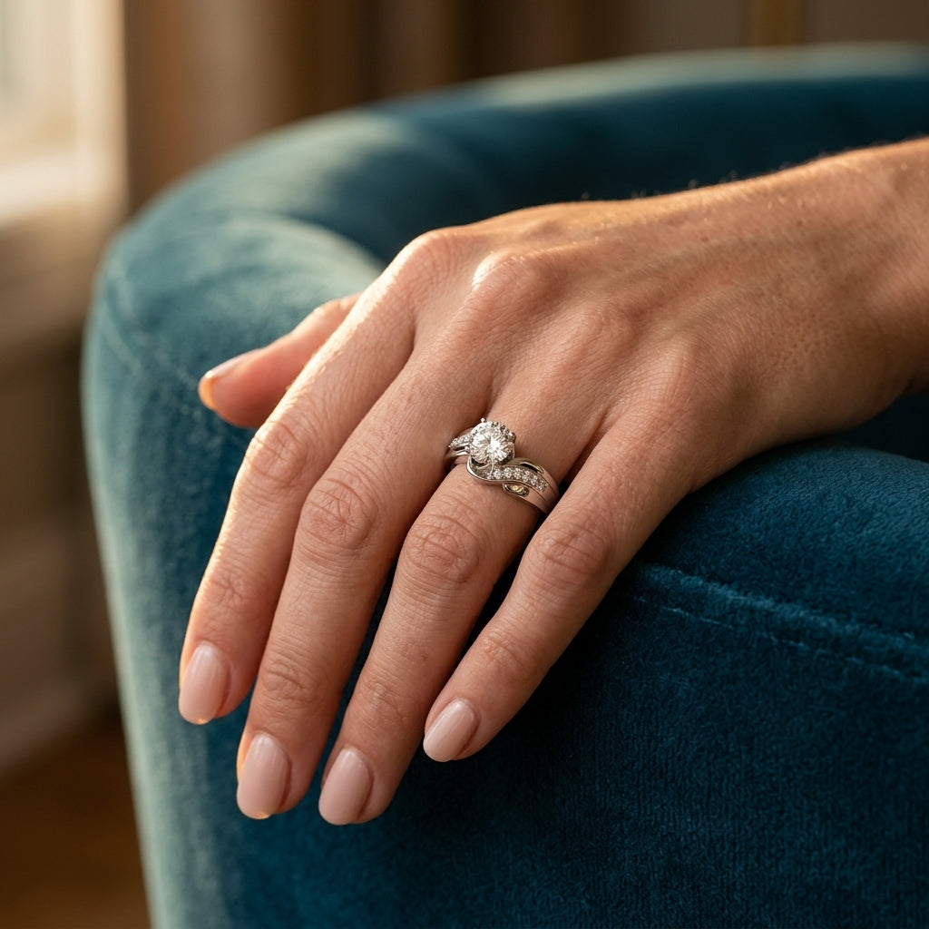 Bypass Swirl Prong Set Engagement Ring - worn lifestyle photo