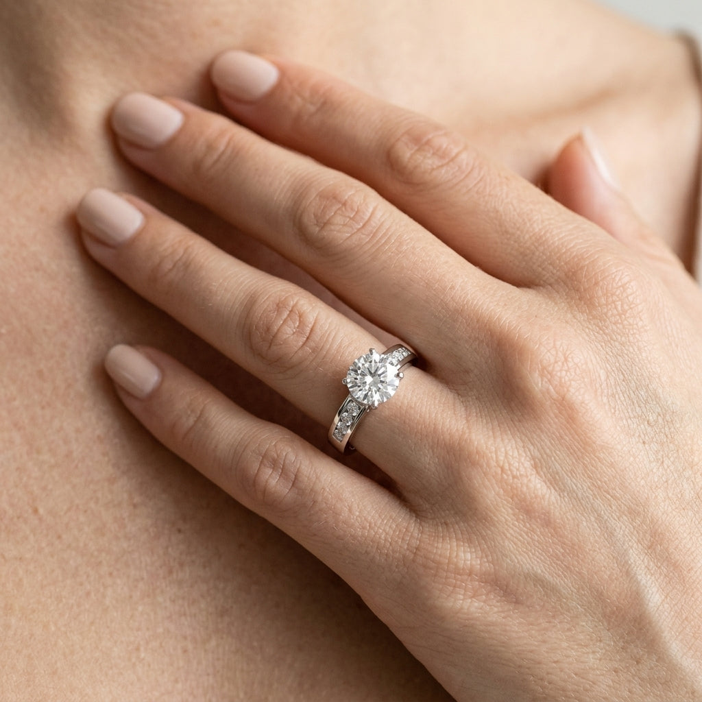 Single Row Channel Set Engagement Ring - worn lifestyle photo
