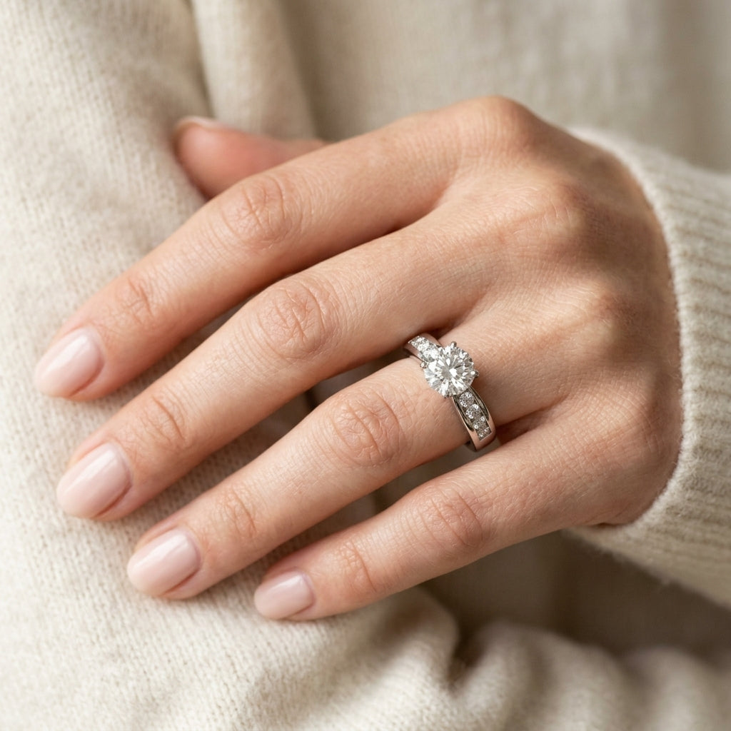 Single Row Channel Set Engagement Ring - worn lifestyle photo
