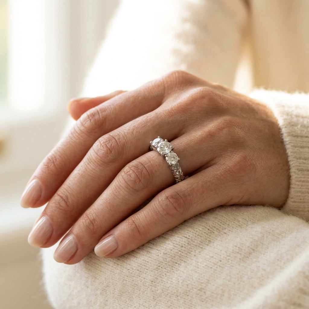 3-Stone Filigree Round Engagement Ring - worn lifestyle photo
