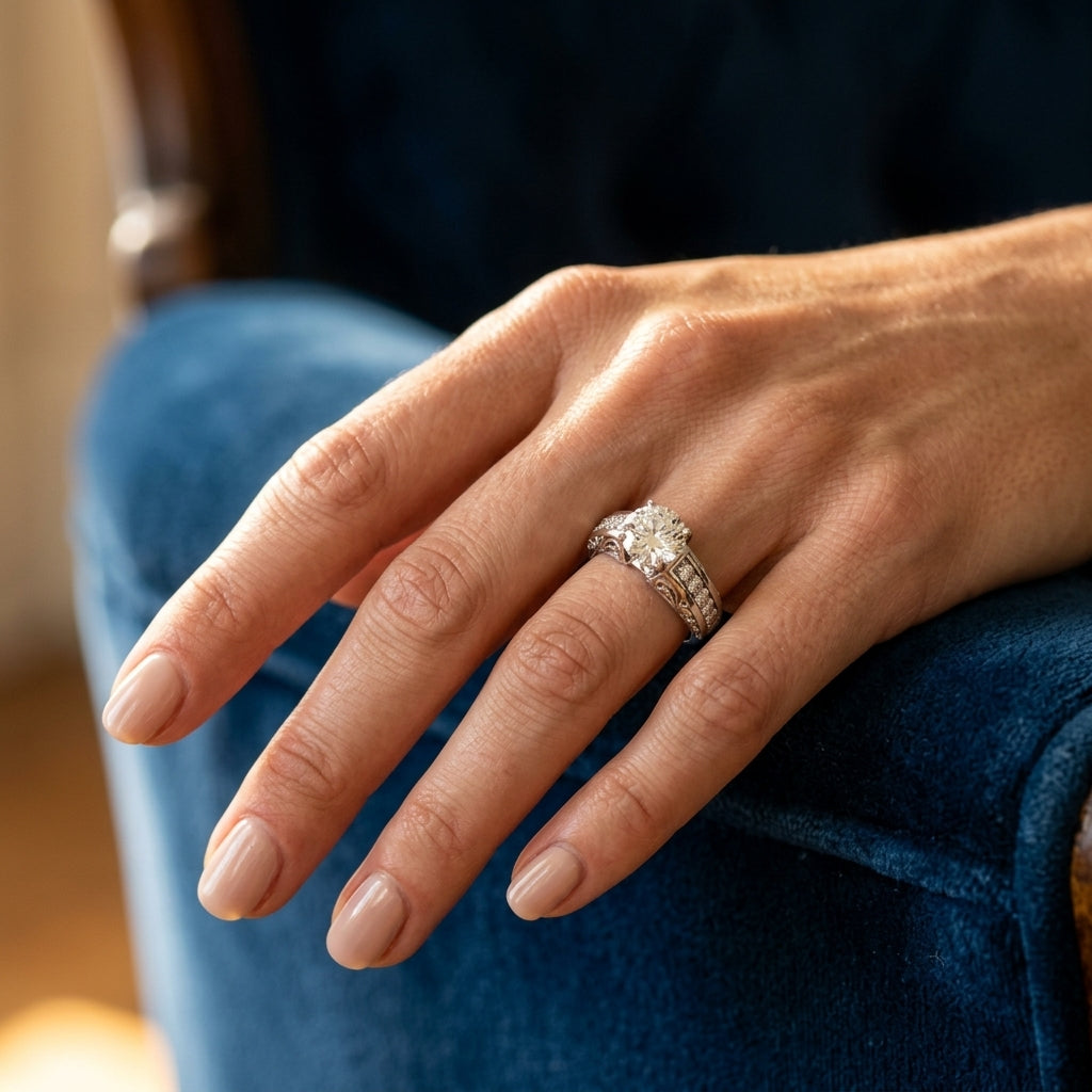 Antique Prong Set Filigree Engagement Ring - worn lifestyle photo
